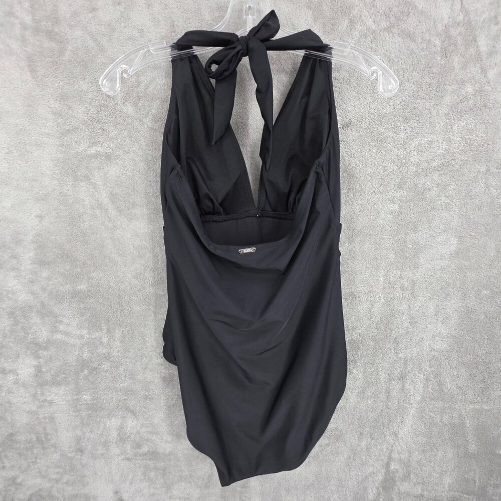 DKNY 1 Piece Swimsuit L Black Halter Ruched Tummy Control Beach Pool Vacay Solid - Picture 8 of 11
